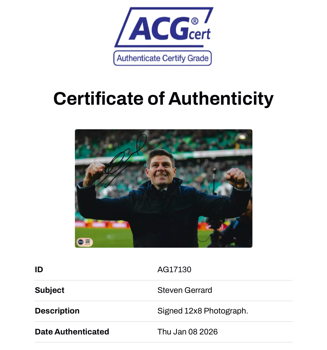 STEVEN GERRARD SIGNED RANGERS OLD FIRM WINNER 12x8 PHOTO (ACG CERT AG17130)