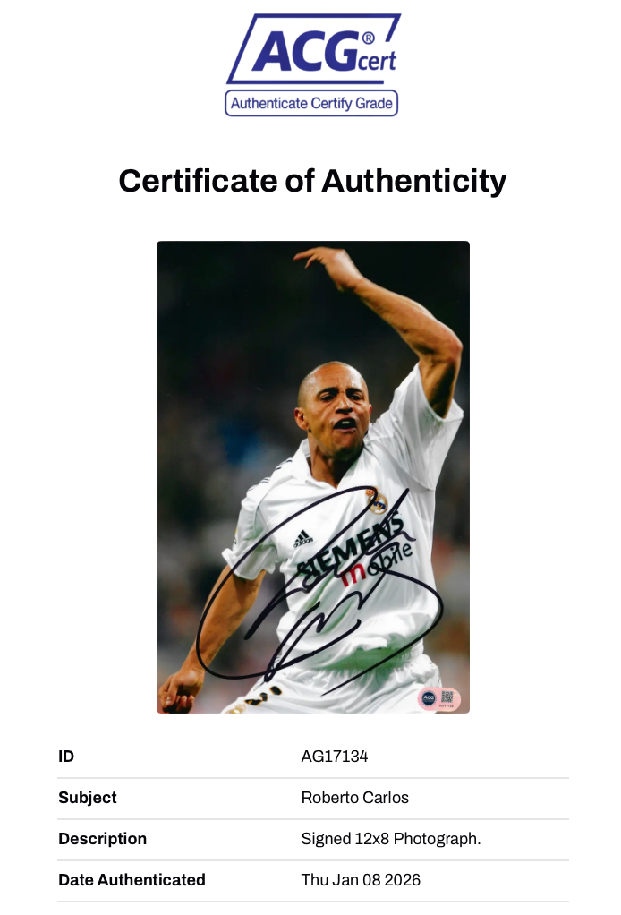 ROBERTO CARLOS SIGNED REAL MADRID LEGEND 12X8 PHOTO (ACG CERT AG17134)