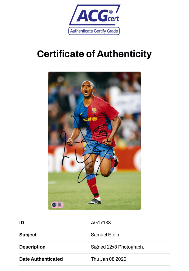 SAMUEL ETO'O SIGNED FC BARCELONA CAMEROON 12x8 PHOTO (ACG CERT AG17138)-2