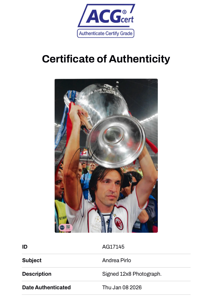 ANDREA PIRLO SIGNED AC MILAN UCL TROPHY 12x8 PHOTO (ACG CERT AG17145)-2
