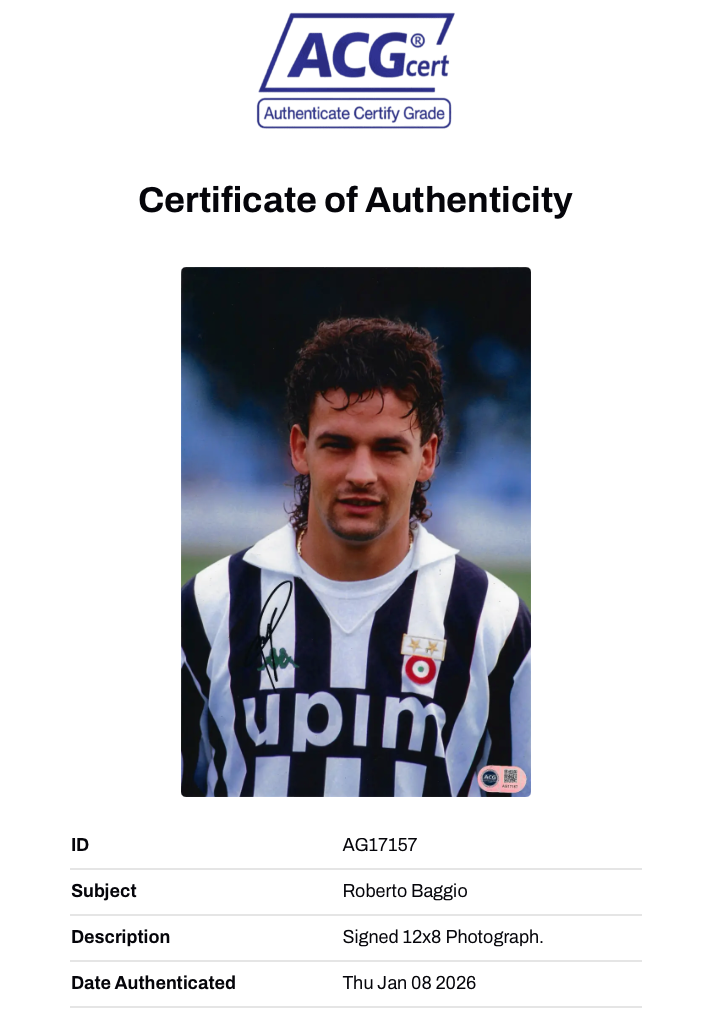 ROBERTO BAGGIO SIGNED 12x8 JUVENTUS ITALY LEGEND PHOTO (ACG CERT AG17157)-2