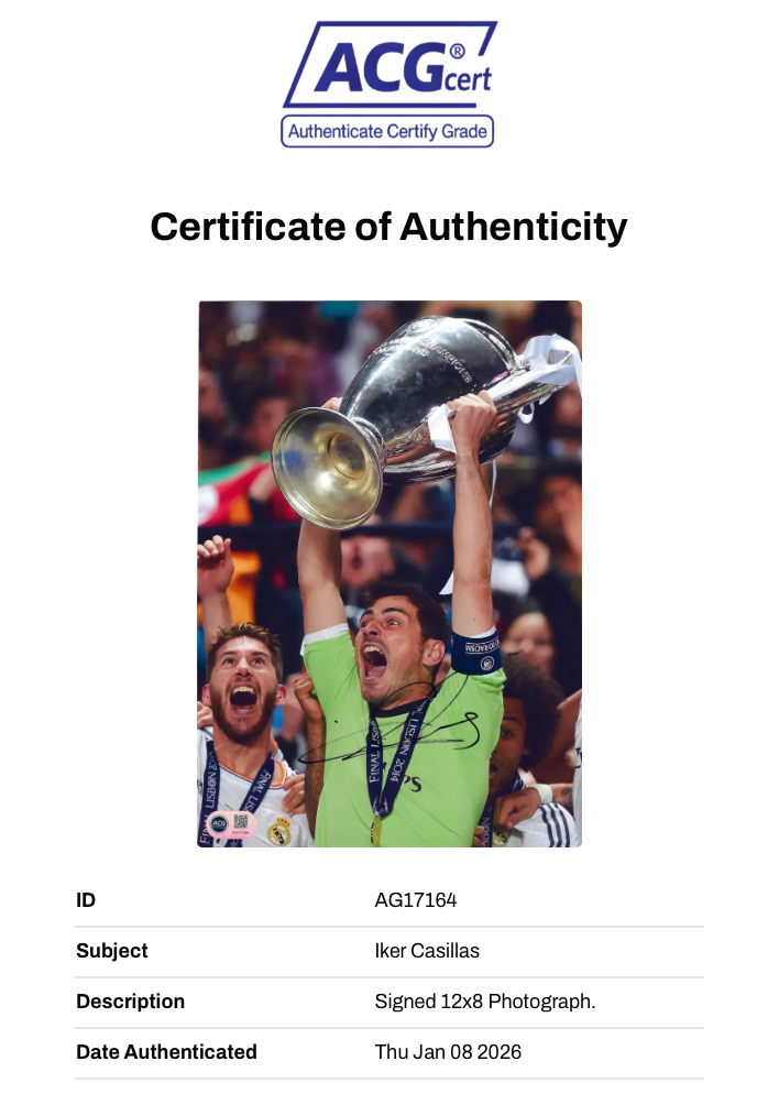 IKER CASILLAS SIGNED REAL MADRID UCL WINNERS 12X8 PHOTO (ACG CERT AG17164)-2