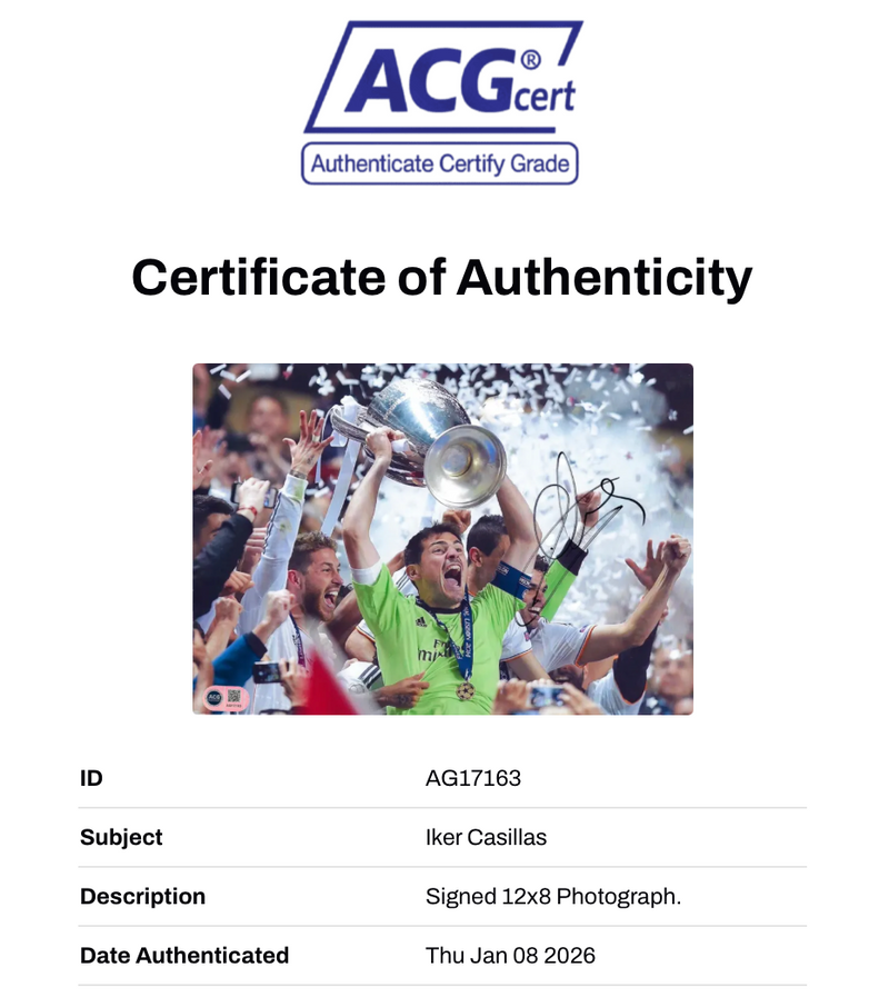 IKER CASILLAS SIGNED REAL MADRID UCL WINNERS 12X8 PHOTO (ACG CERT AG17163)-2