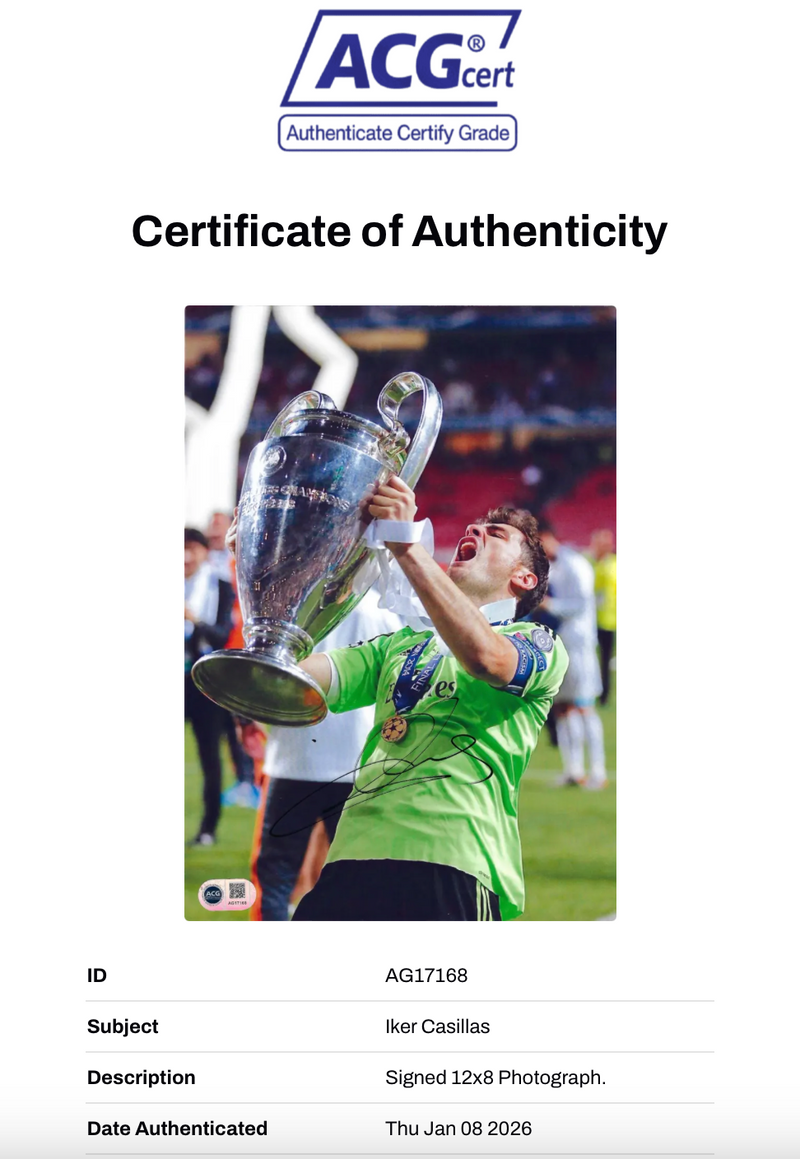IKER CASILLAS SIGNED REAL MADRID UCL WINNERS 12X8 PHOTO (ACG CERT AG17168)-2