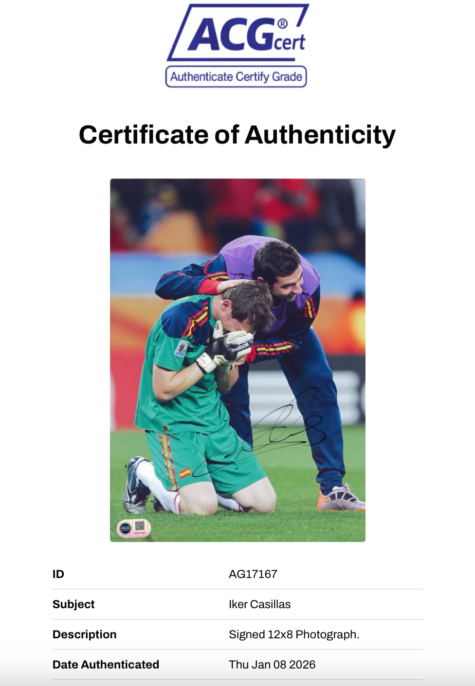 IKER CASILLAS SIGNED SPAIN 2010 WORLD CUP WINNERS 12X8 PHOTO (ACG CERT AG17167)