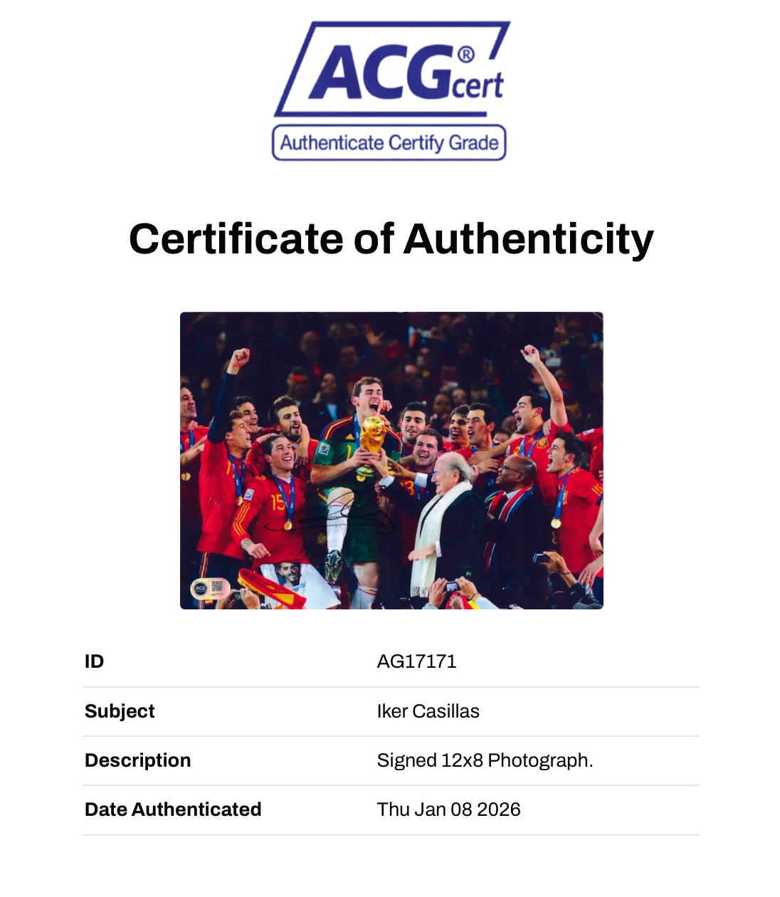 IKER CASILLAS SIGNED SPAIN 2010 WORLD CUP WINNERS 12X8 PHOTO (ACG CERT AG17171)-2