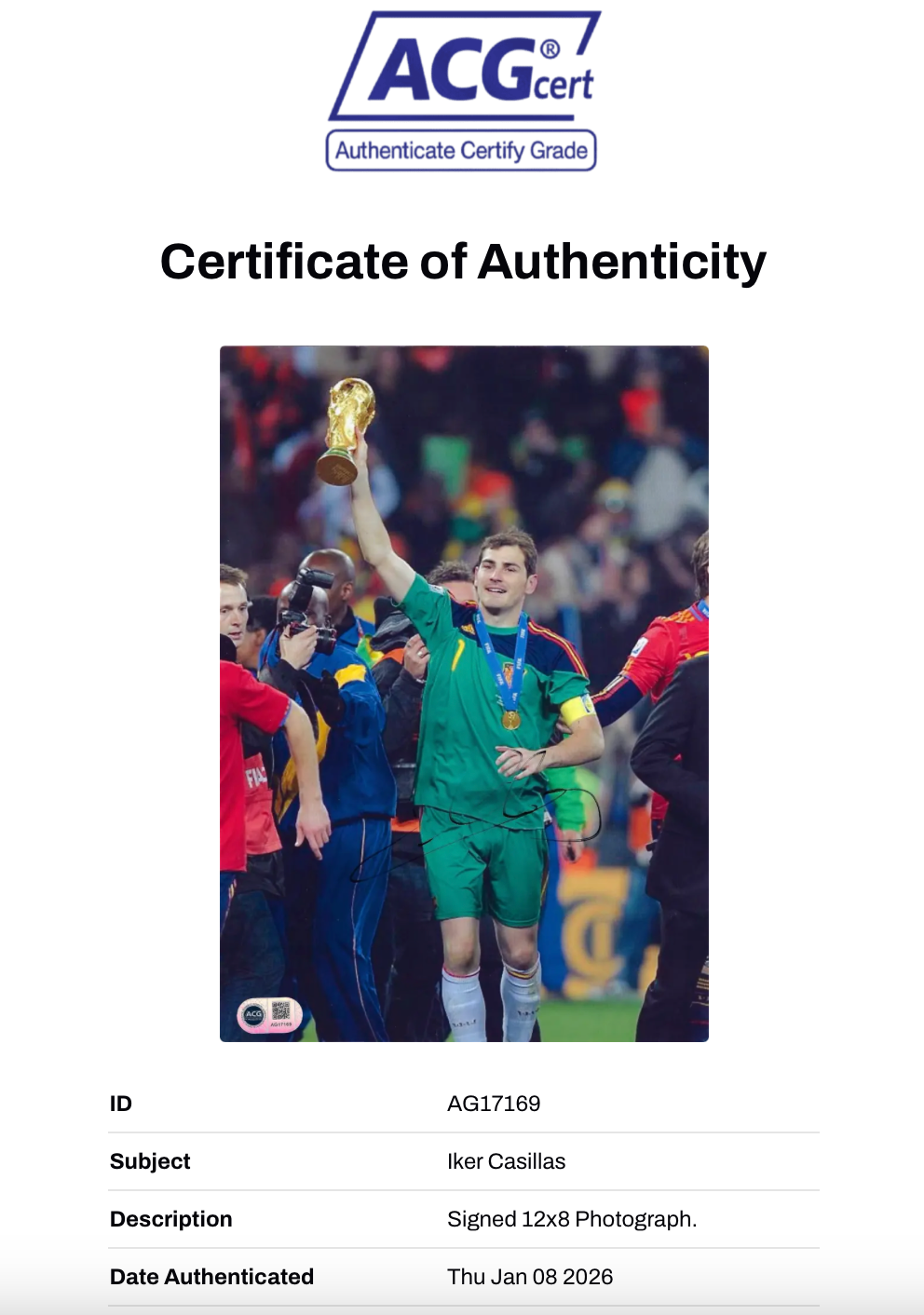 IKER CASILLAS SIGNED SPAIN 2010 WORLD CUP WINNERS 12X8 PHOTO (ACG CERT AG17169)