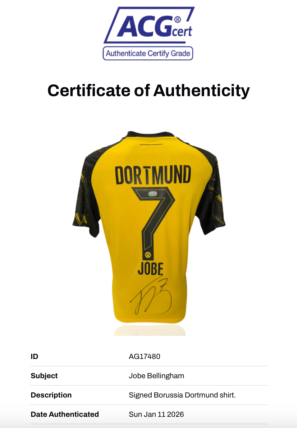 JOBE BELLINGHAM SIGNED 25/26 BORUSSIA DORTMUND HOME SHIRT (ACG CERT AG17480)