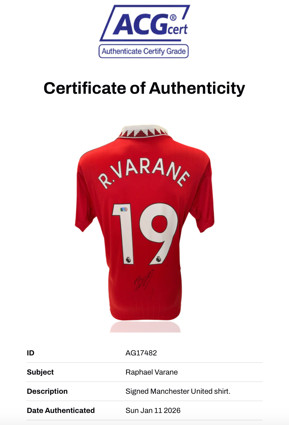 RAPHAEL VARANE SIGNED 22/23 MANCHESTER UNITED HOME SHIRT (ACG CERT AG17482)