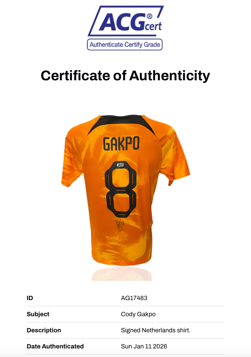 CODY GAKPO SIGNED 22/24 NETHERLANDS HOLLAND HOME SHIRT (ACG CERT AG17483)-2