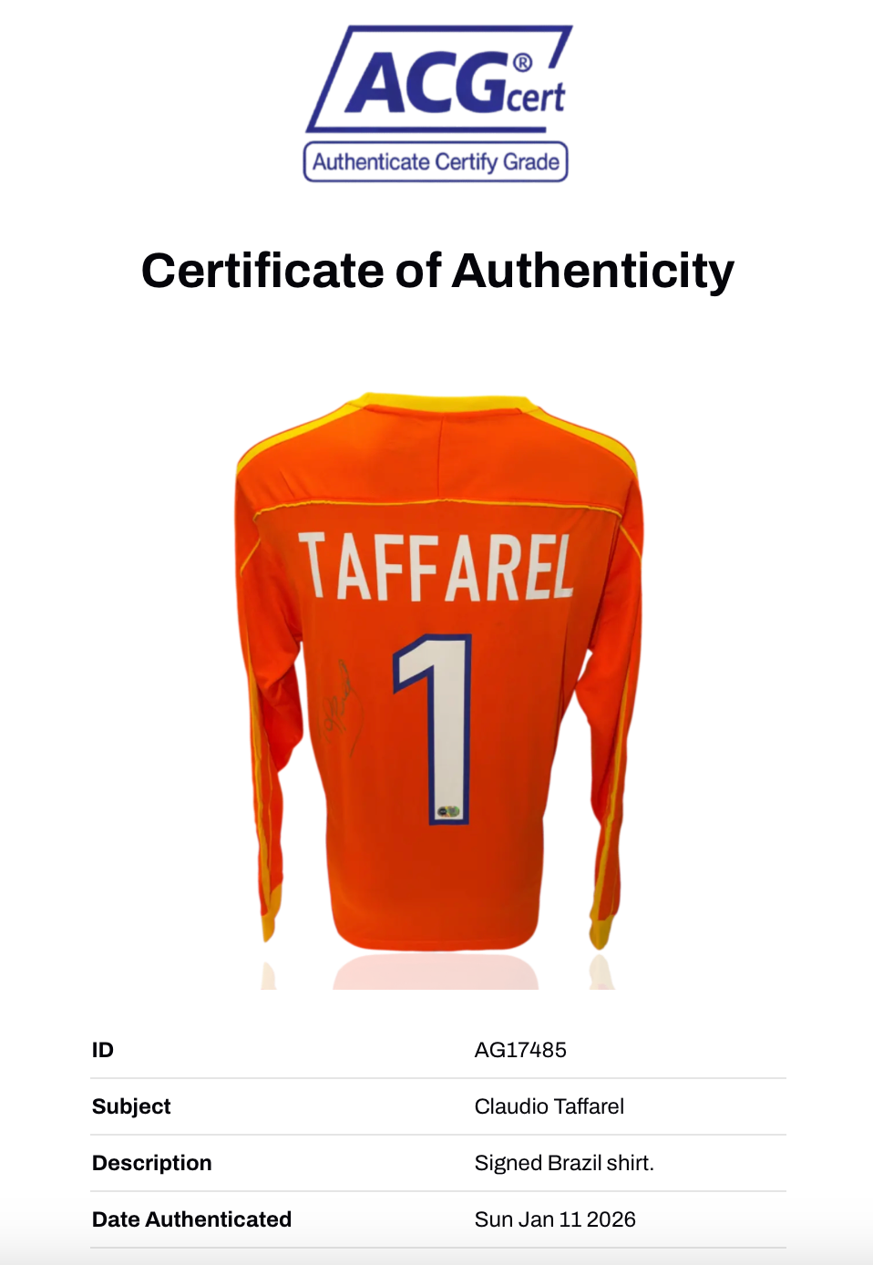 CLAUDIO TAFFAREL SIGNED BRAZIL 1998 WORLD CUP AWAY SHIRT (ACG CERT AG17485)-2