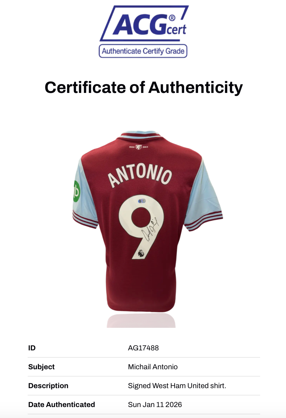 MICHAIL ANTONIO SIGNED WEST HAM UNITED 2024/25 HOME SHIRT (ACG CERT AG17488)