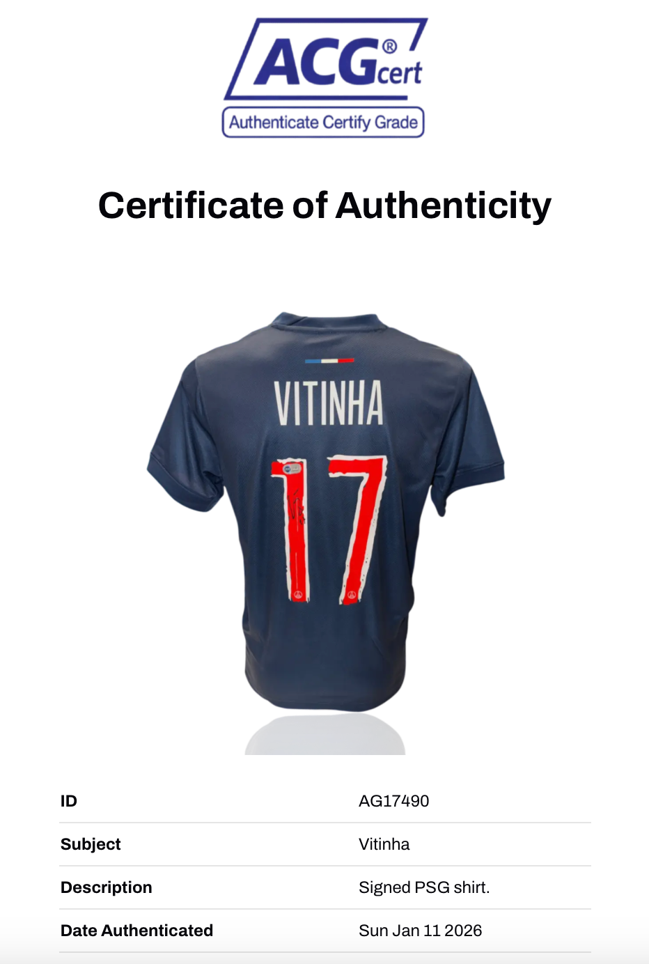 VITINHA SIGNED 2024/25 PARIS SAINT-GERMAIN PSG UCL HOME SHIRT (ACG CERT AG17490)-2