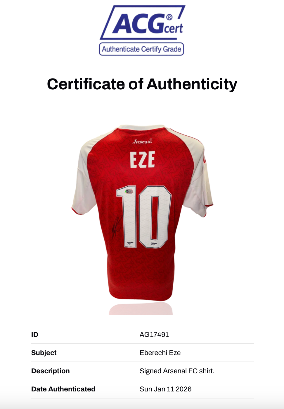 EBERECHI EZE SIGNED 2025/26 ARSENAL FC HOME SHIRT (ACG CERT AG17491)
