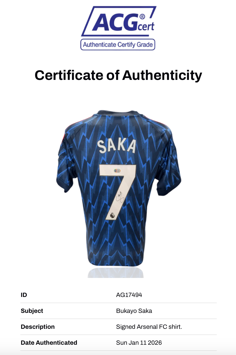 BUKAYO SAKA SIGNED ARSENAL FC 2025/26 AWAY SHIRT (ACG CERT AG17494)