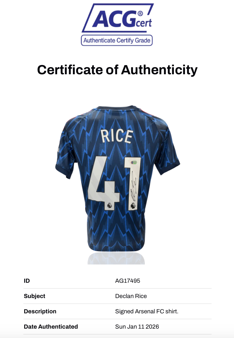 DECLAN RICE SIGNED 2025/26 ARSENAL FC AWAY SHIRT (ACG CERT AG17495)