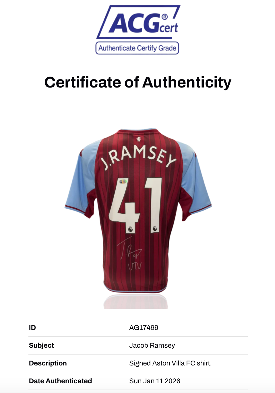 JACOB RAMSEY SIGNED ASTON VILLA 2021/22 HOME SHIRT (ACG CERT AG17499)