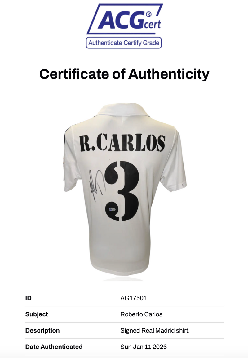 ROBERTO CARLOS SIGNED 2002/03 REAL MADRID HOME SHIRT (ACG CERT AG17501)-2