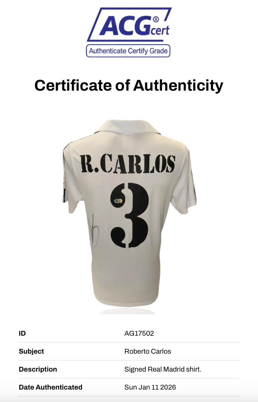 ROBERTO CARLOS SIGNED 2002/03 REAL MADRID HOME SHIRT (ACG CERT AG17502)