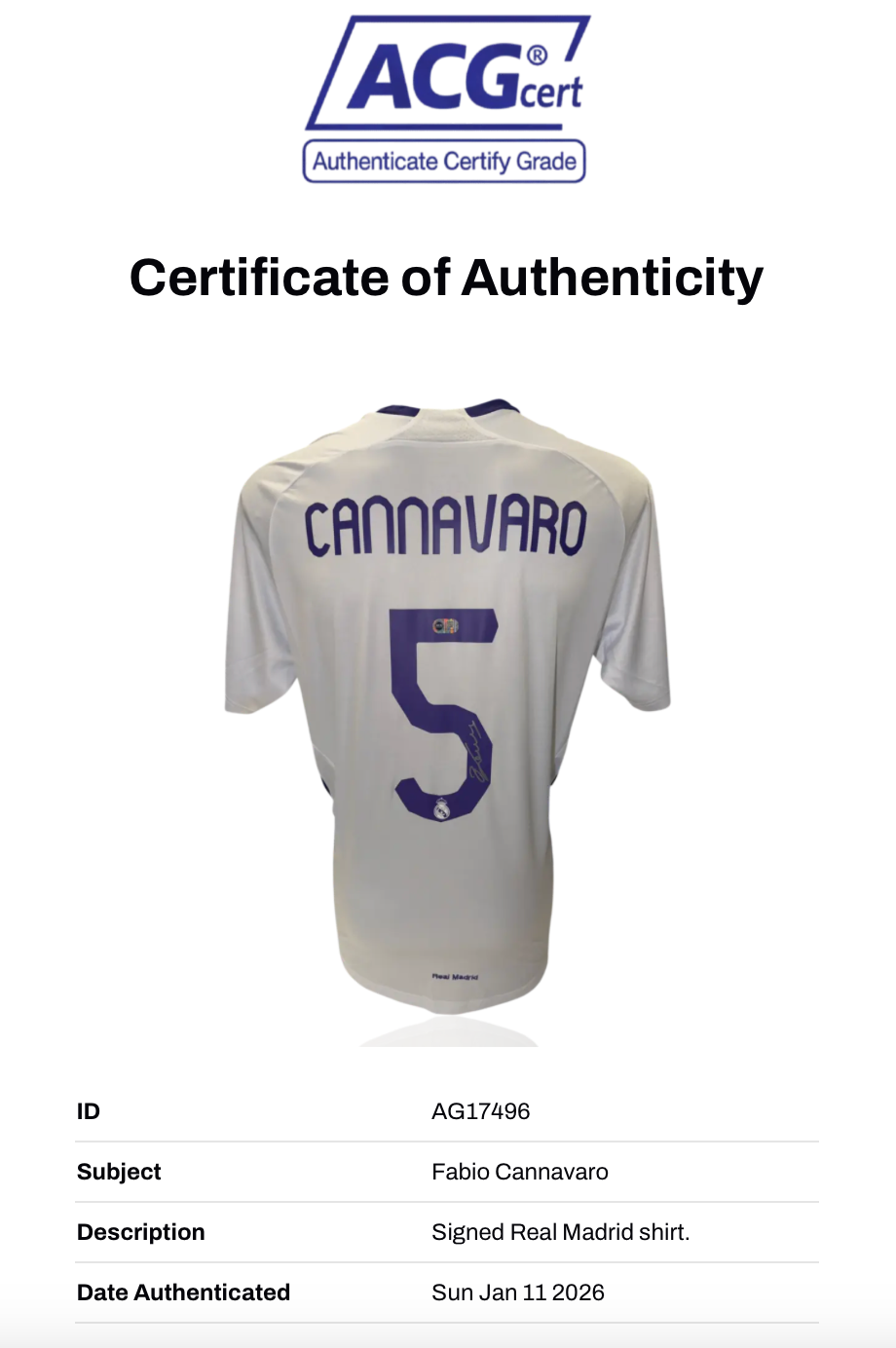 FABIO CANNAVARO SIGNED REAL MADRID 2007/08 HOME SHIRT (ACG CERT AG17496)