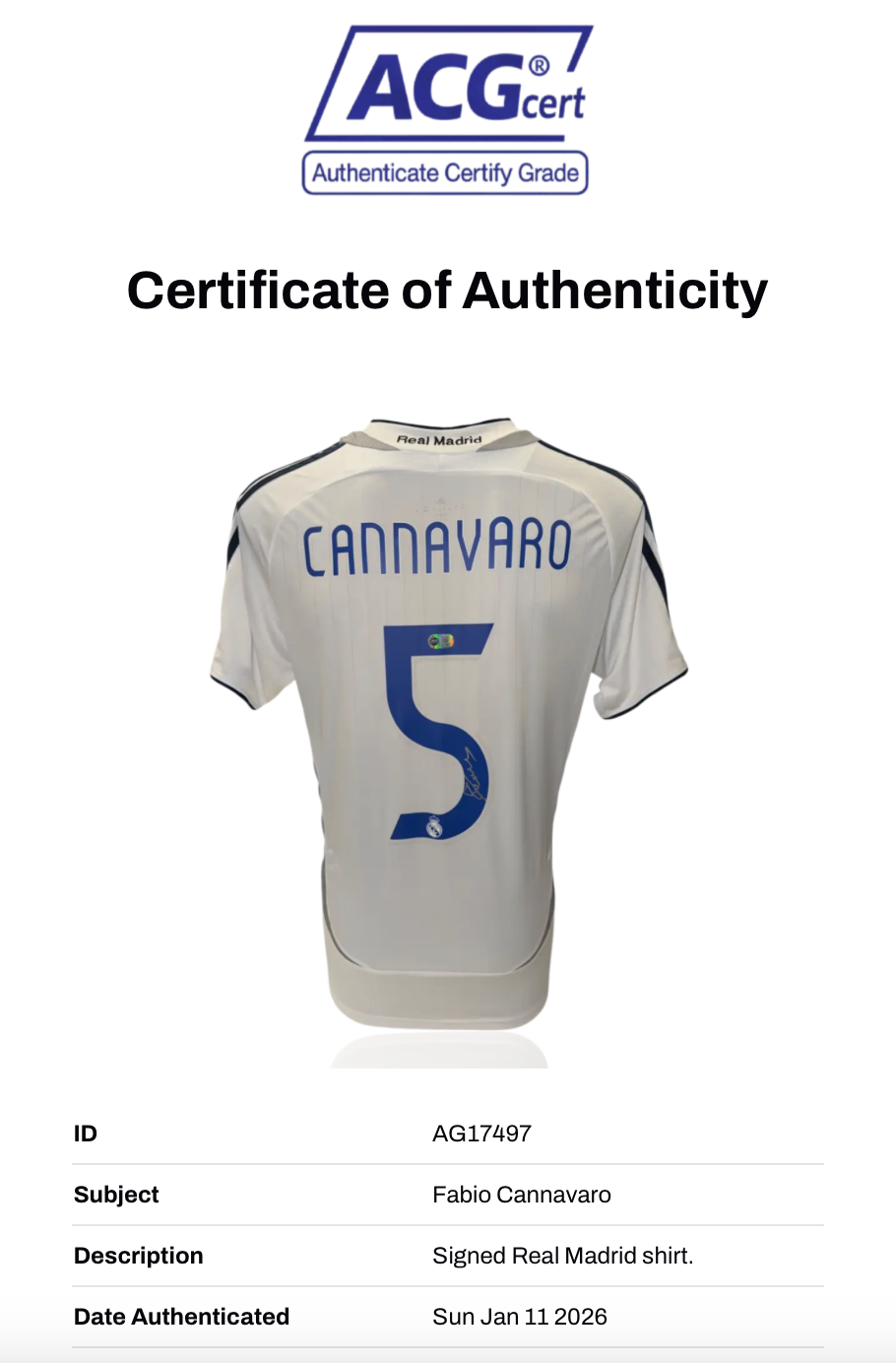 FABIO CANNAVARO SIGNED REAL MADRID 2006/07 HOME SHIRT (ACG CERT AG17497)