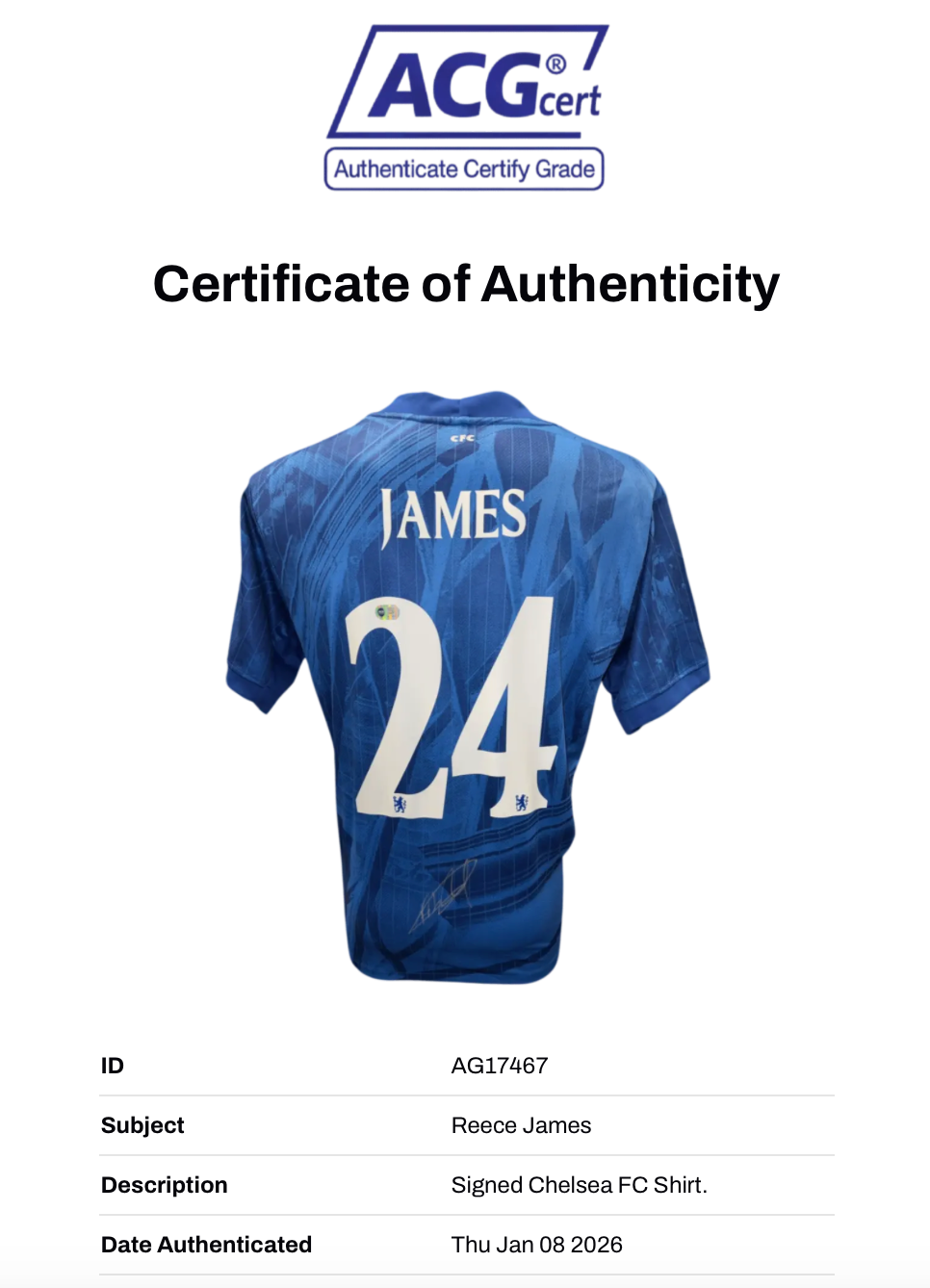 REECE JAMES SIGNED CHELSEA FC 2025/26 HOME SHIRT (ACG CERT AG17467)