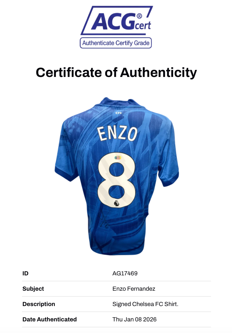ENZO FERNANDEZ SIGNED CHELSEA FC 2025/26 HOME SHIRT (ACG CERT AG17469)