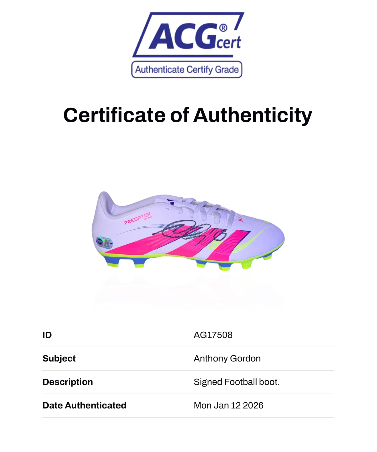 ANTHONY GORDON SIGNED ADIDAS PREDATOR NEWCASTLE UTD FOOTBALL BOOT (ACG CERT AG17508)