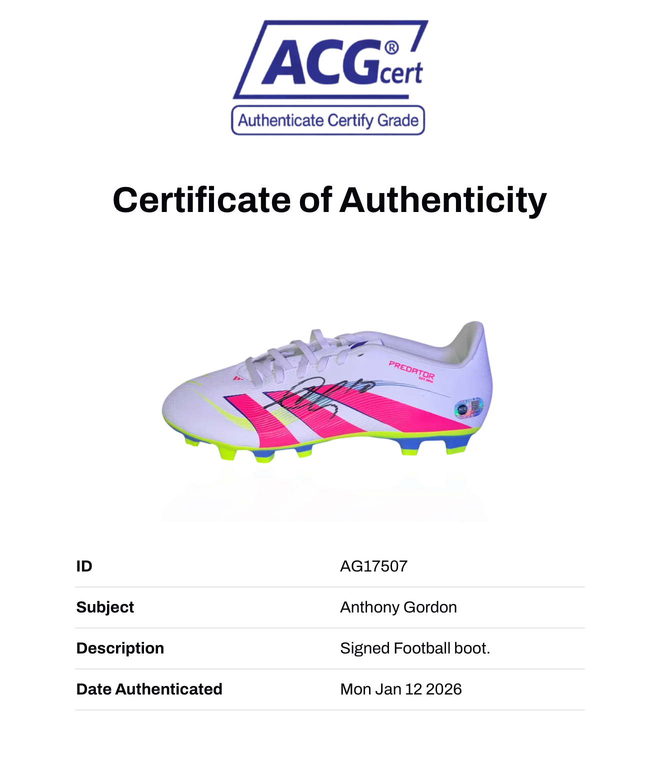 ANTHONY GORDON SIGNED ADIDAS PREDATOR NEWCASTLE UTD FOOTBALL BOOT (ACG CERT AG17507)