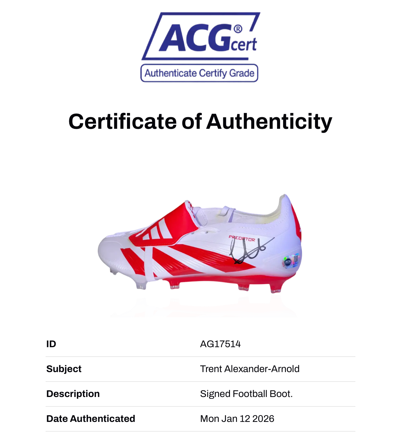 TRENT ALEXANDER-ARNOLD SIGNED ADIDAS PREDATOR FOOTBALL BOOT (ACG CERT AG17514)-2