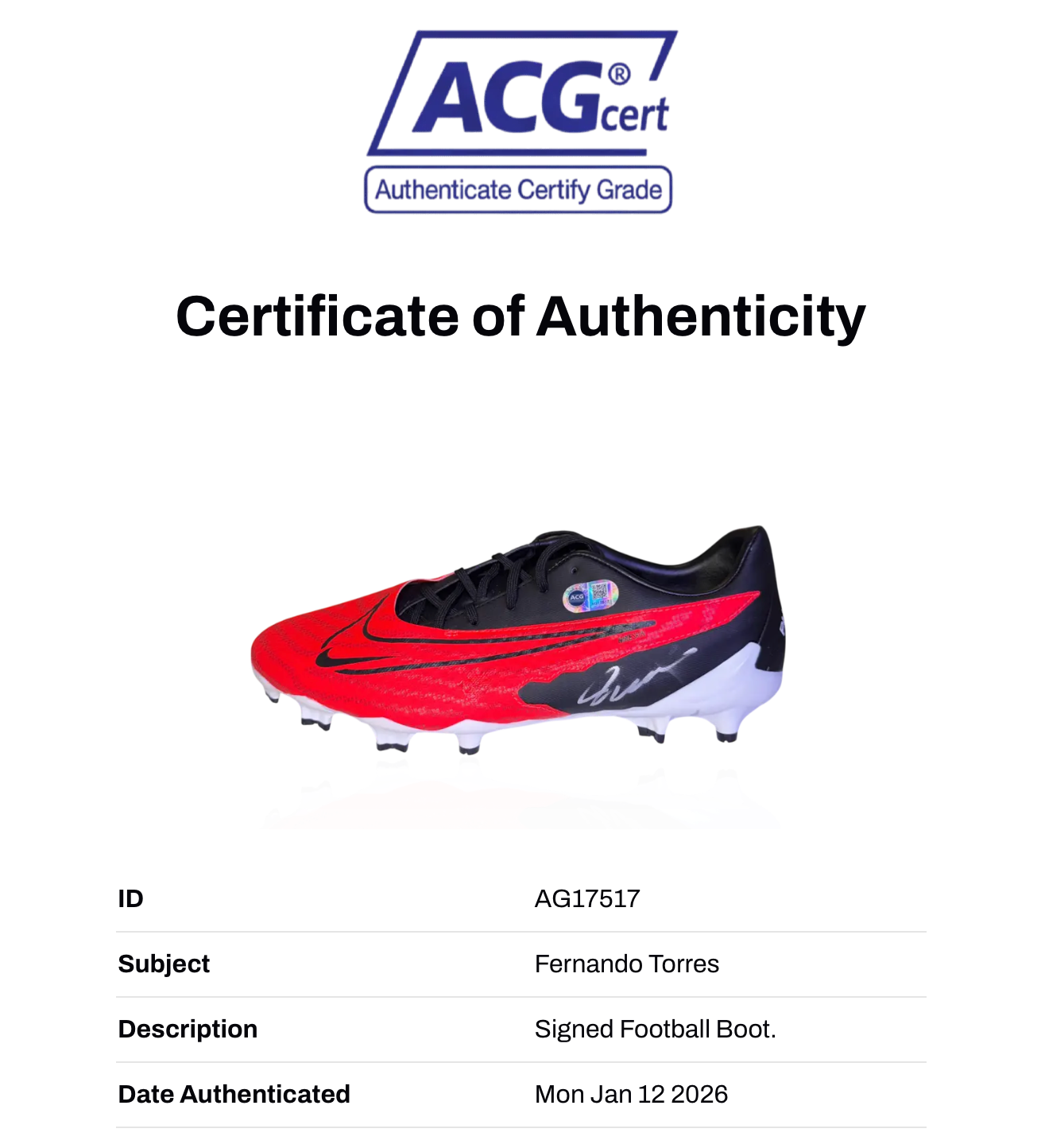 FERNANDO TORRES SIGNED NIKE MERCURIAL RED FOOTBALL BOOT LEGEND (ACG CERT AG17517)