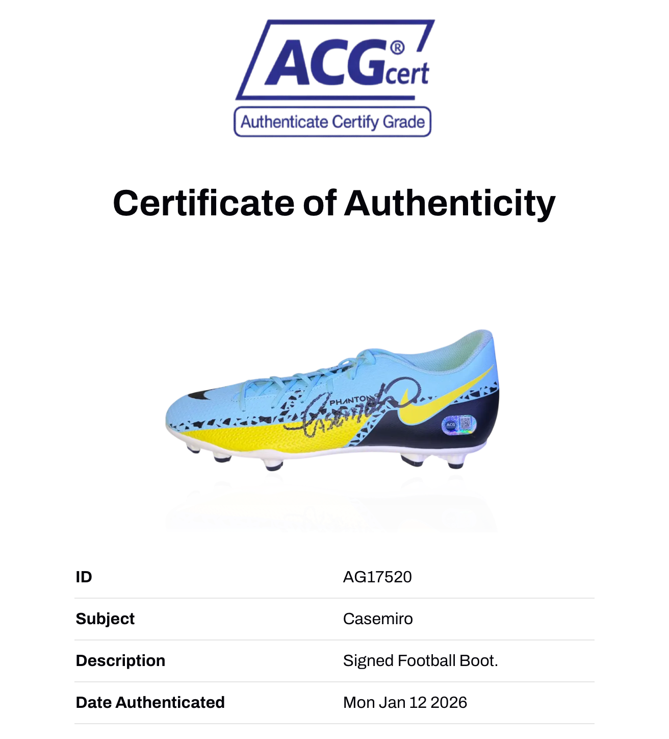 CASEMIRO SIGNED MANCHESTER UNITED NIKE MERCURIAL FOOTBALL BOOT (ACG CERT AG17520)