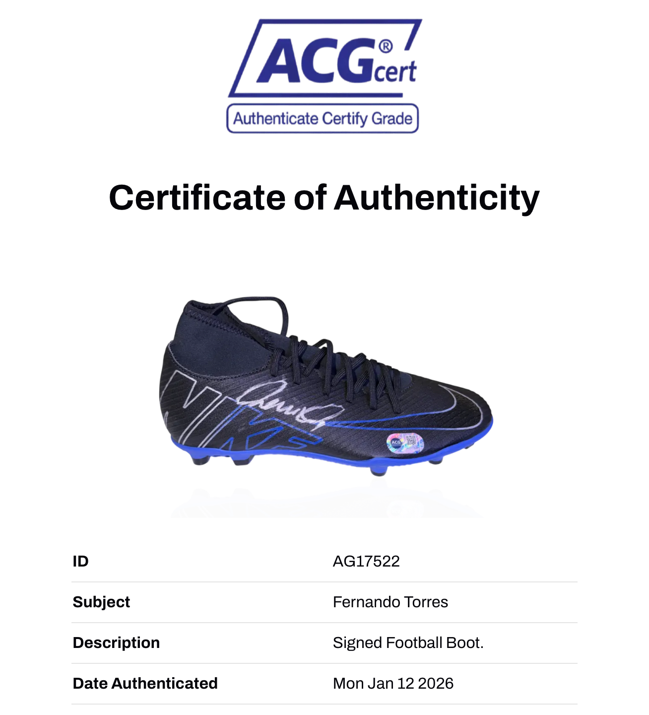 FERNANDO TORRES SIGNED NIKE MERCURIAL FOOTBALL BOOT (ACG CERT AG17522)