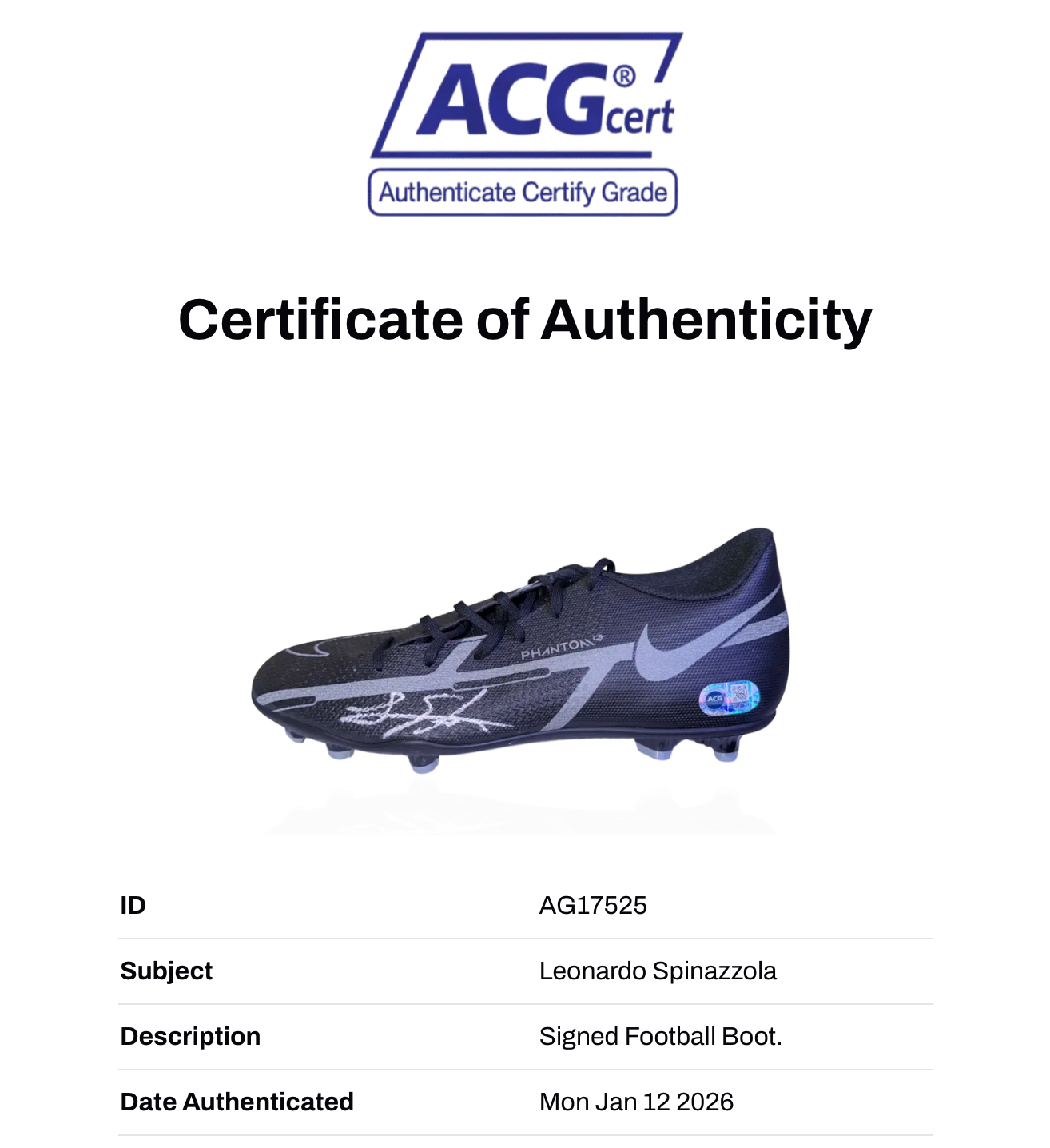 LEONARDO SPINAZZOLA SIGNED LEFT NIKE FOOTBALL BOOT ITALY (ACG CERT AG17525)