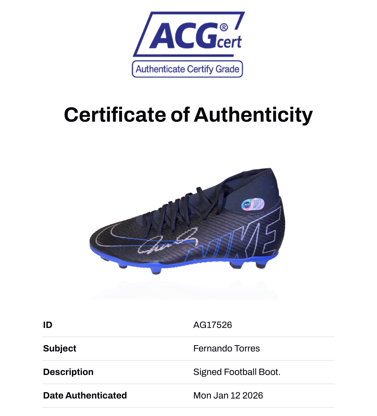FERNANDO TORRES SIGNED NIKE MERCURIAL FOOTBALL BOOT (ACG CERT AG17526)