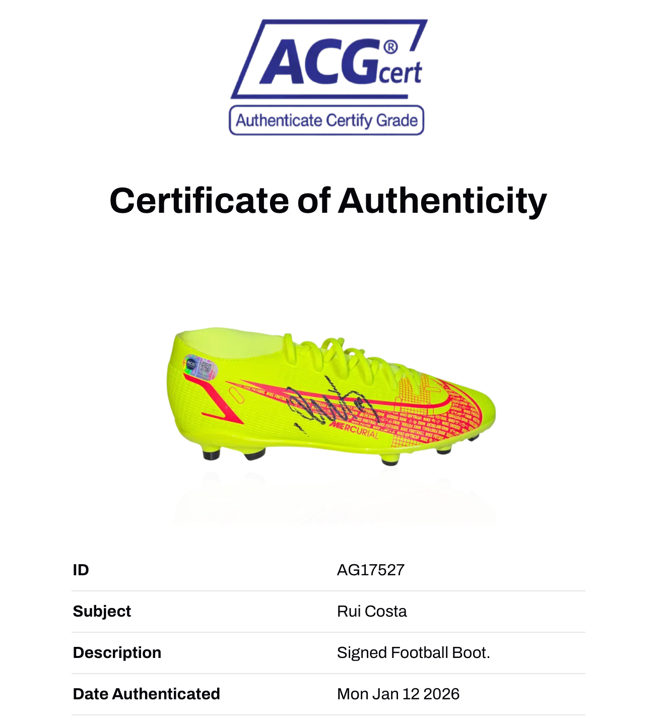 RUI COSTA SIGNED NIKE FOOTBALL BOOT PORTUGAL LEGEND (ACG CERT AG17527)-2