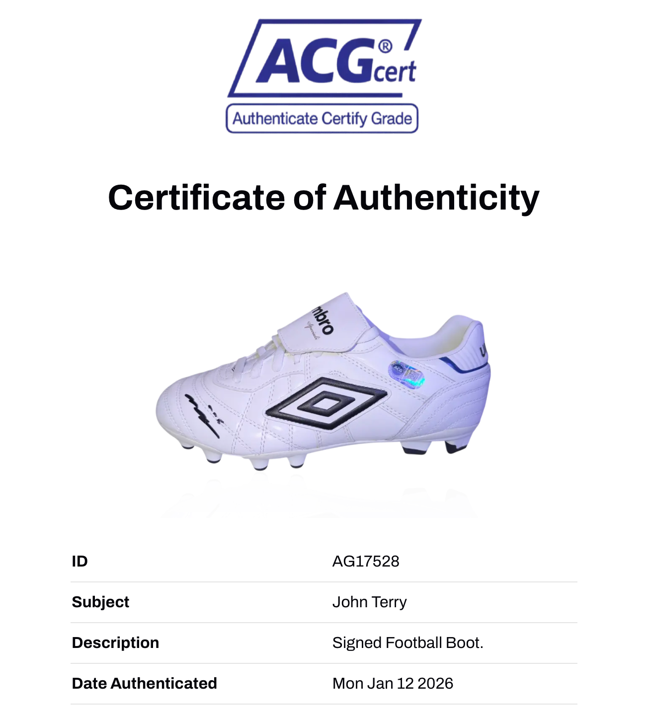 JOHN TERRY SIGNED UMBRO SPECIALI CHELSEA LEGEND FOOTBALL BOOT (ACG CERT AG17528)