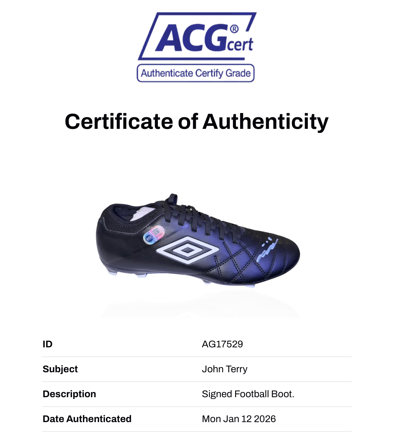 JOHN TERRY SIGNED UMBRO SPECIALI CHELSEA LEGEND FOOTBALL BOOT (ACG CERT AG17529)
