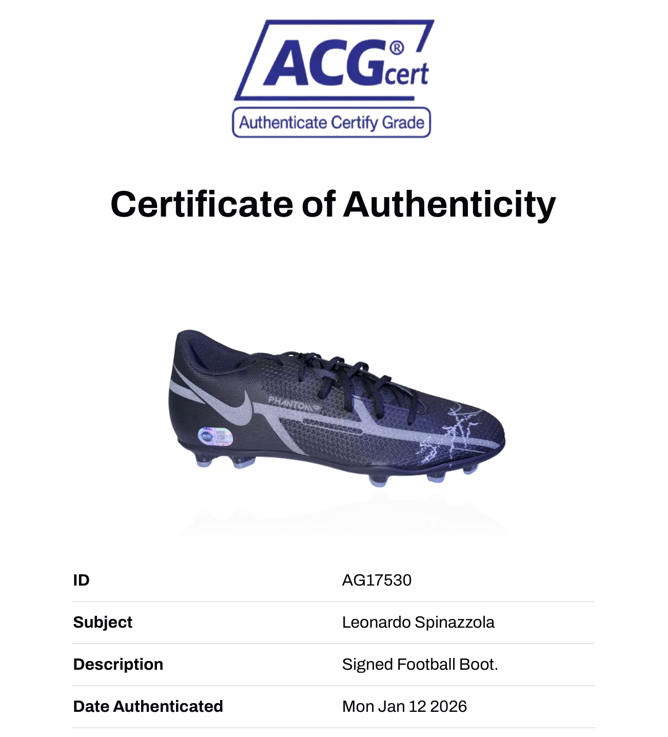 LEONARDO SPINAZZOLA SIGNED RIGHT NIKE FOOTBALL BOOT ITALY (ACG CERT AG17530)