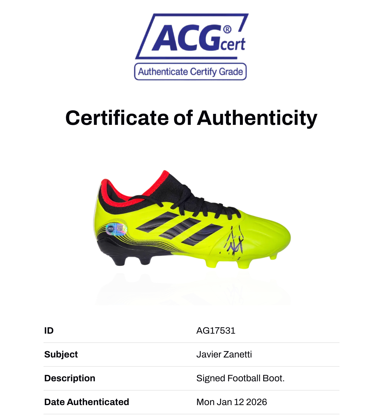 JAVIER ZANETTI SIGNED ADIDAS FOOTBALL BOOT INTER MILAN LEGEND (ACG CERT AG17531)