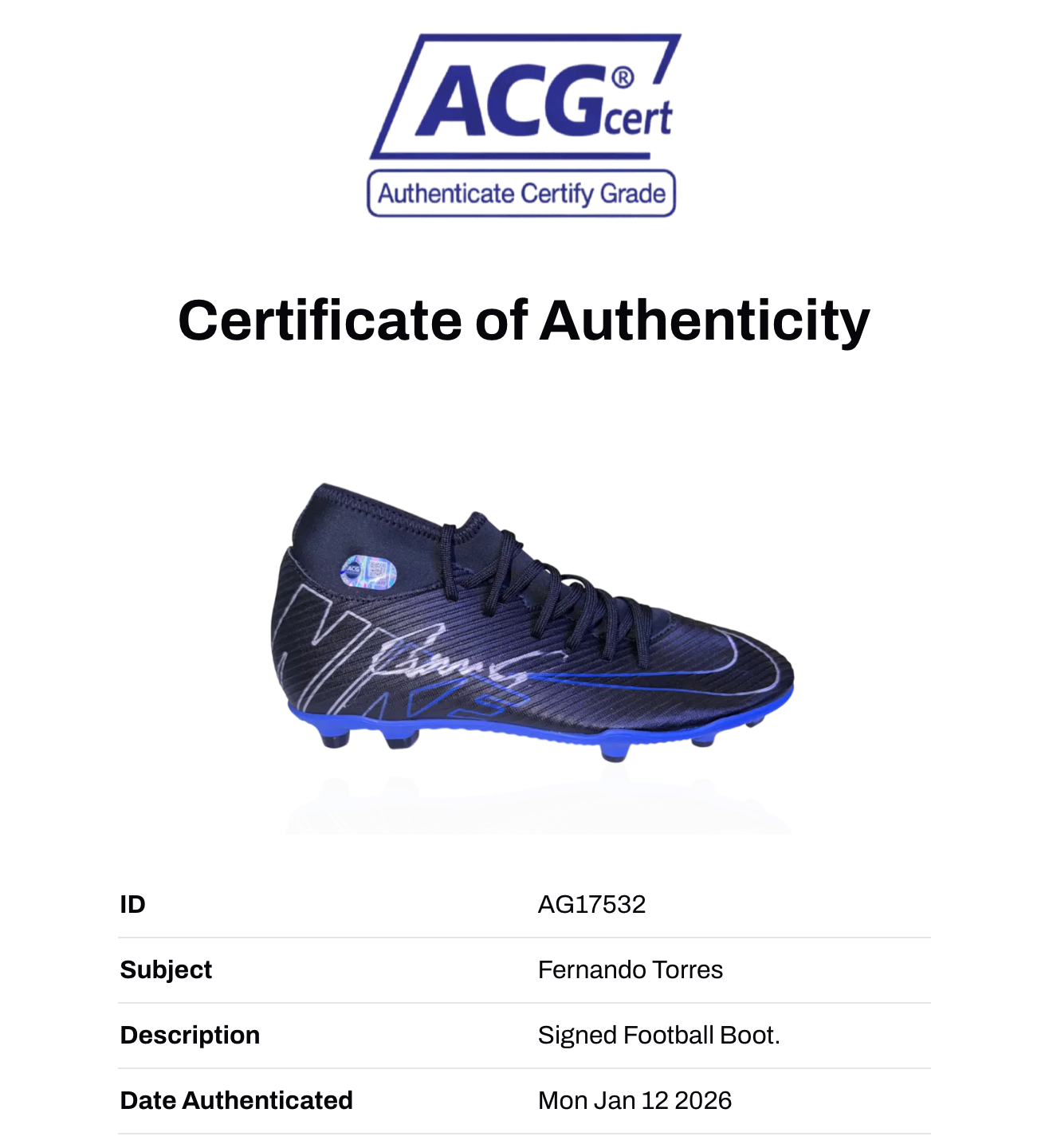 FERNANDO TORRES SIGNED NIKE MERCURIAL FOOTBALL BOOT (ACG CERT AG17532)