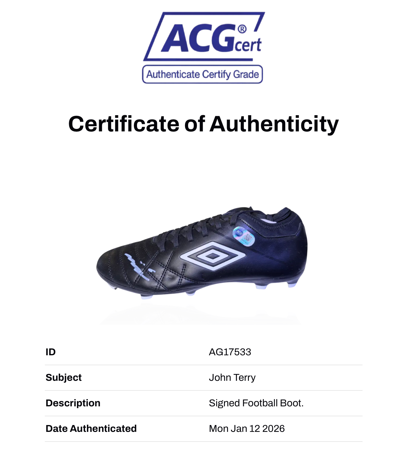JOHN TERRY SIGNED UMBRO SPECIALI CHELSEA LEGEND FOOTBALL BOOT (ACG CERT AG17533)