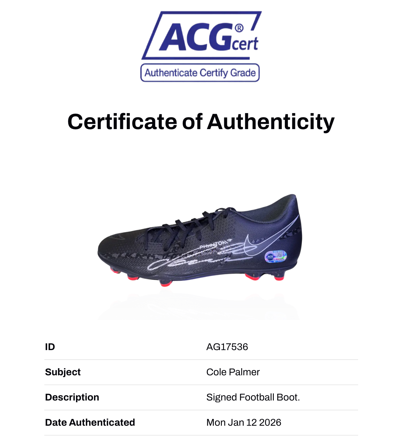 COLE PALMER SIGNED NIKE FOOTBALL BOOT CHELSEA FC (ACG CERT AG17536)