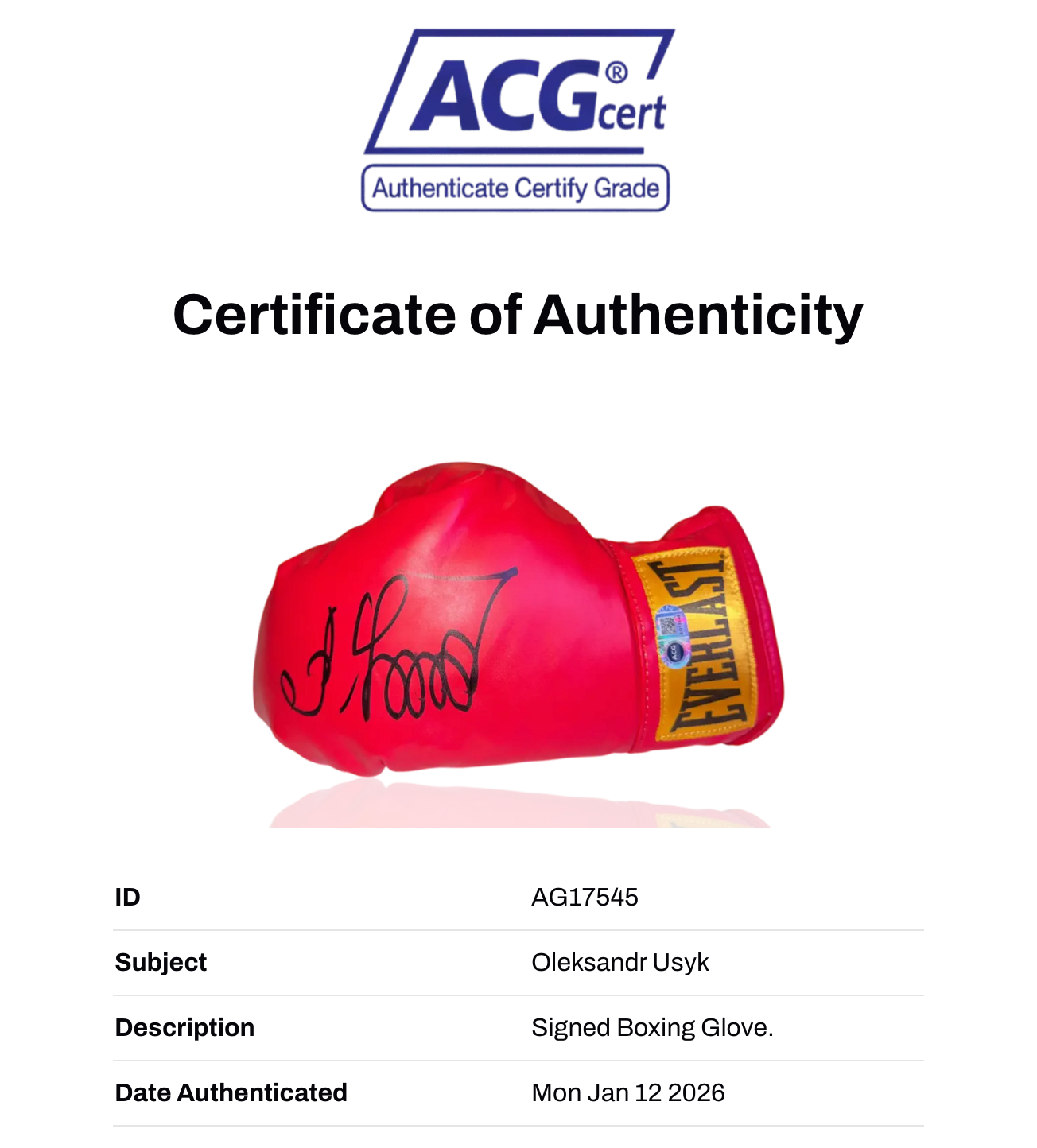 OLEKSANDR USYK SIGNED RED EVERLAST MID BOXING AUTOGRAPH GLOVE (ACG CERT AG17545)
