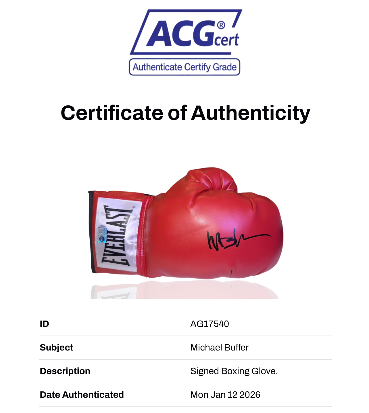 MICHAEL BUFFER SIGNED RED EVERLAST AUTOGRAPH BOXING GLOVE (ACG CERT AG17540)-2