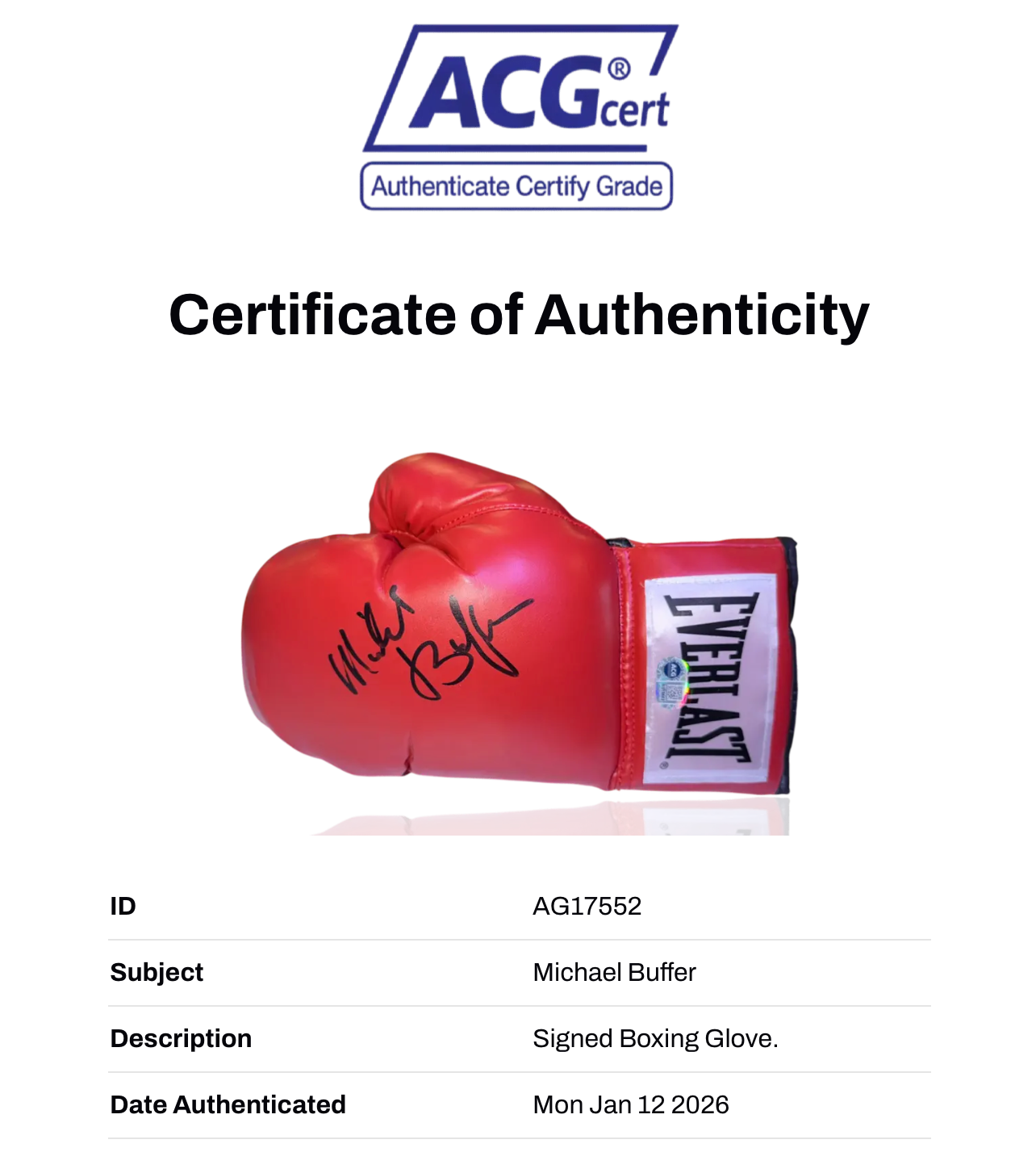 MICHAEL BUFFER SIGNED RED EVERLAST AUTOGRAPH BOXING GLOVE (ACG CERT AG17552)-2