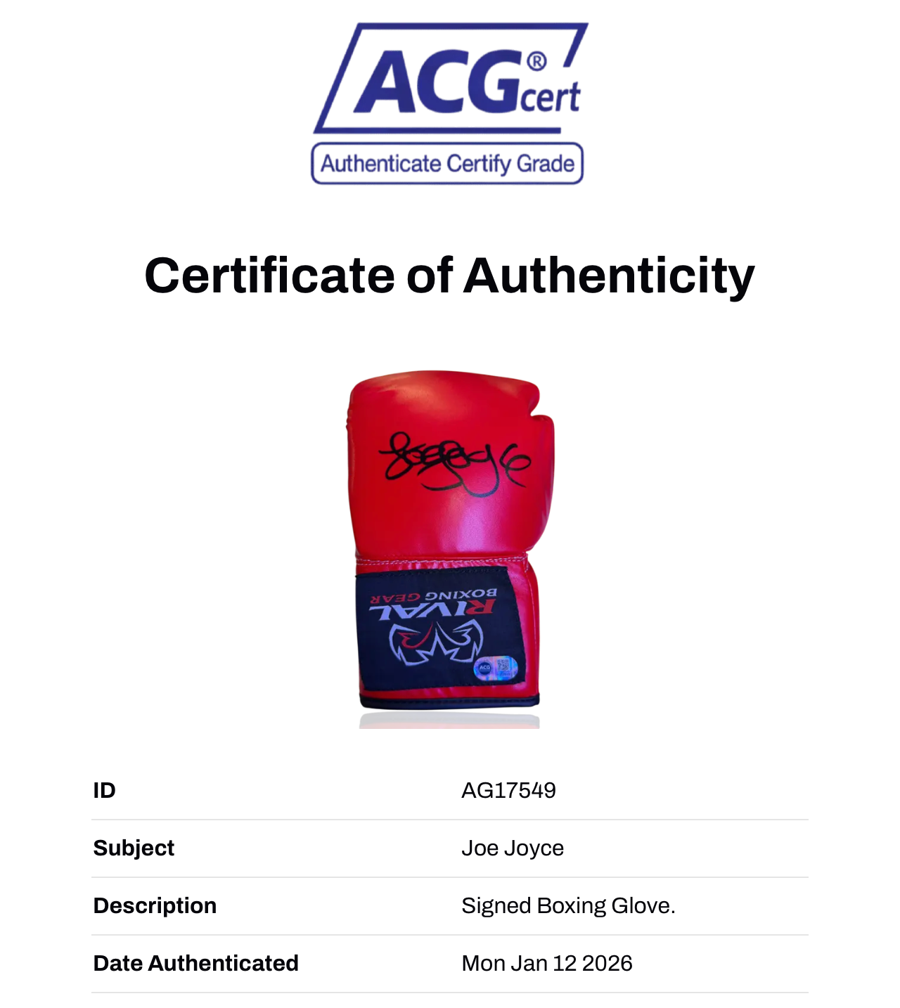 JOE JOYCE SIGNED RED RIVAL AUTOGRAPH BOXING GLOVE (ACG CERT AG17549)-2