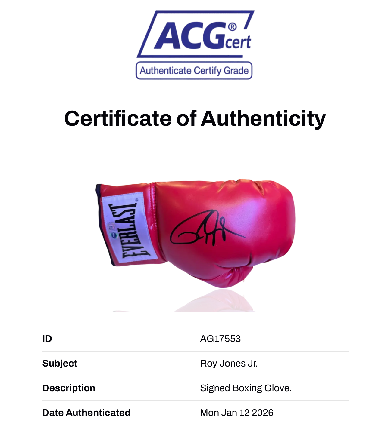 ROY JONES JR SIGNED RED EVERLAST AUTOGRAPH BOXING GLOVE (ACG CERT AG17553)-2