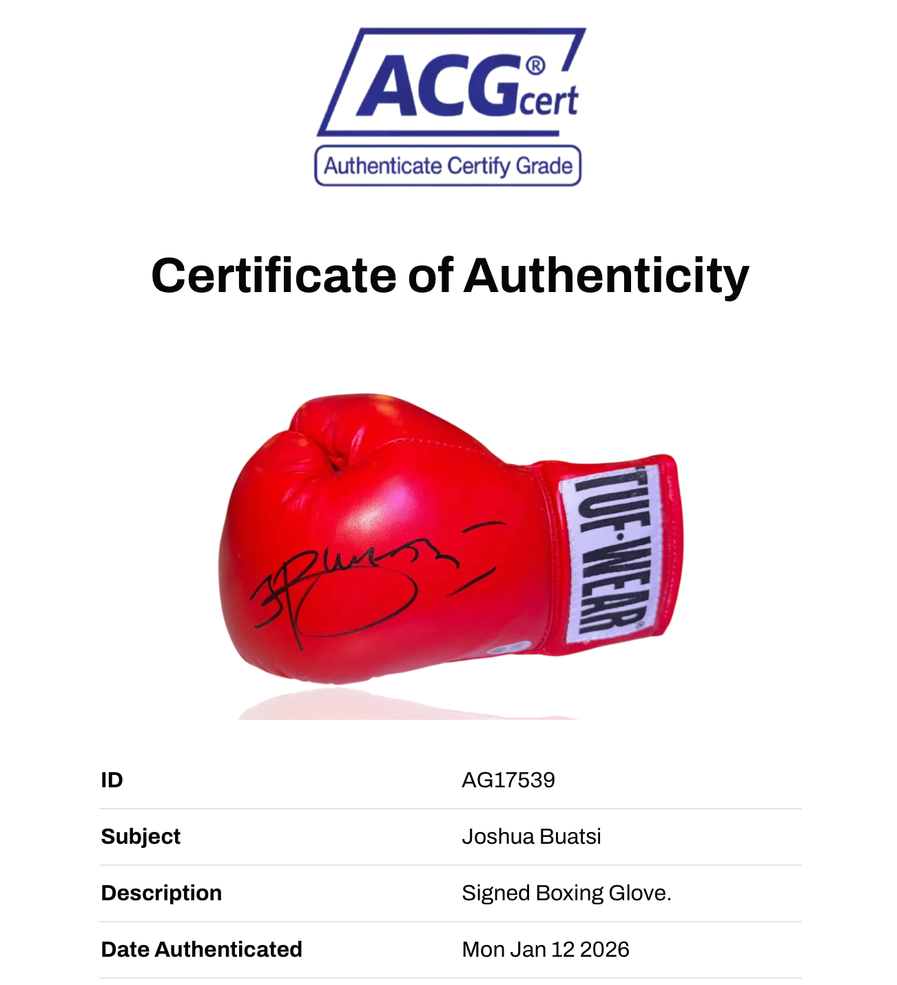 JOSHUA BUATSI SIGNED RED TUF WEAR AUTOGRAPH BOXING GLOVE (ACG CERT AG17539)-2