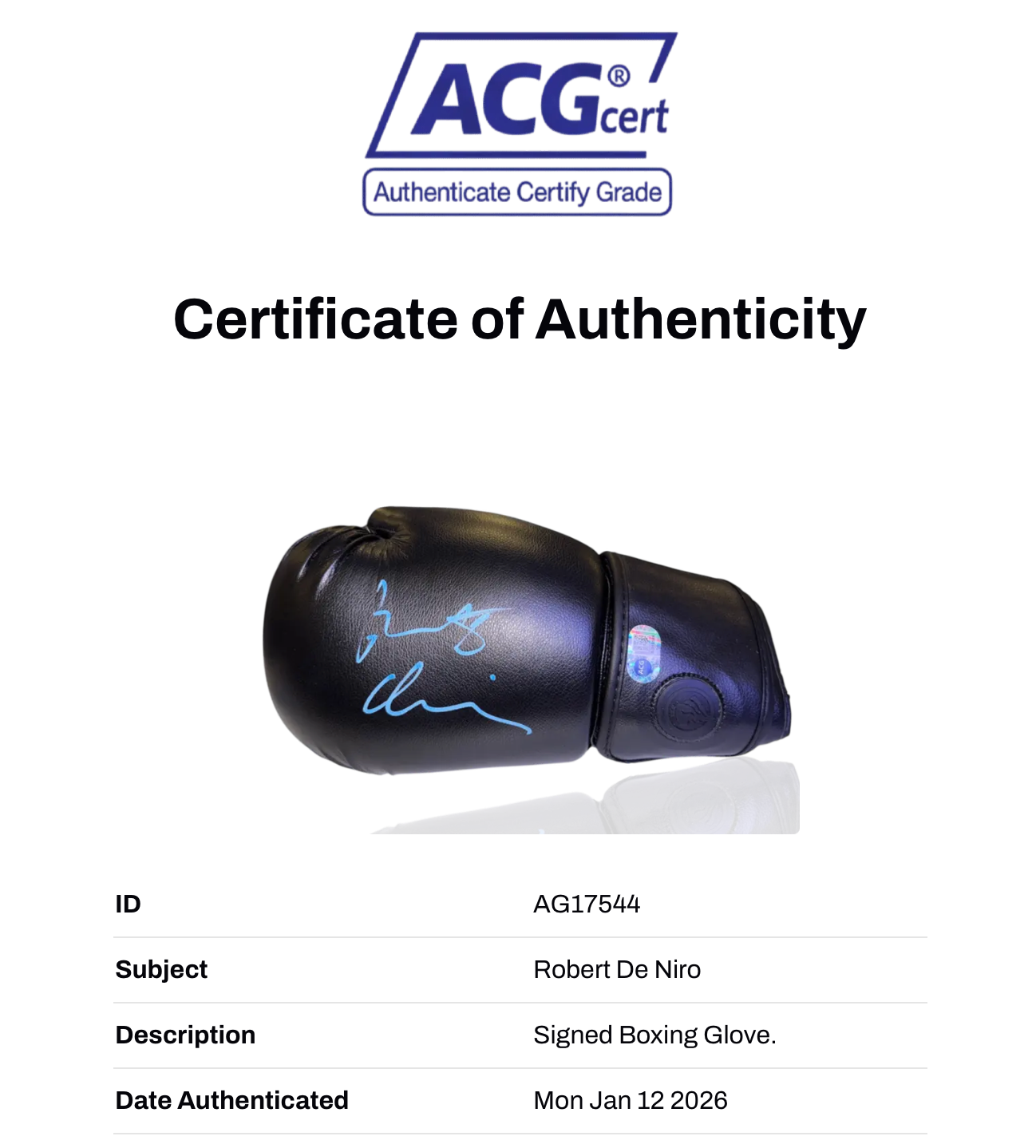 ROBERT DE NIRO SIGNED BOXING GLOVE RAGING BULL (ACG CERT AG17544)